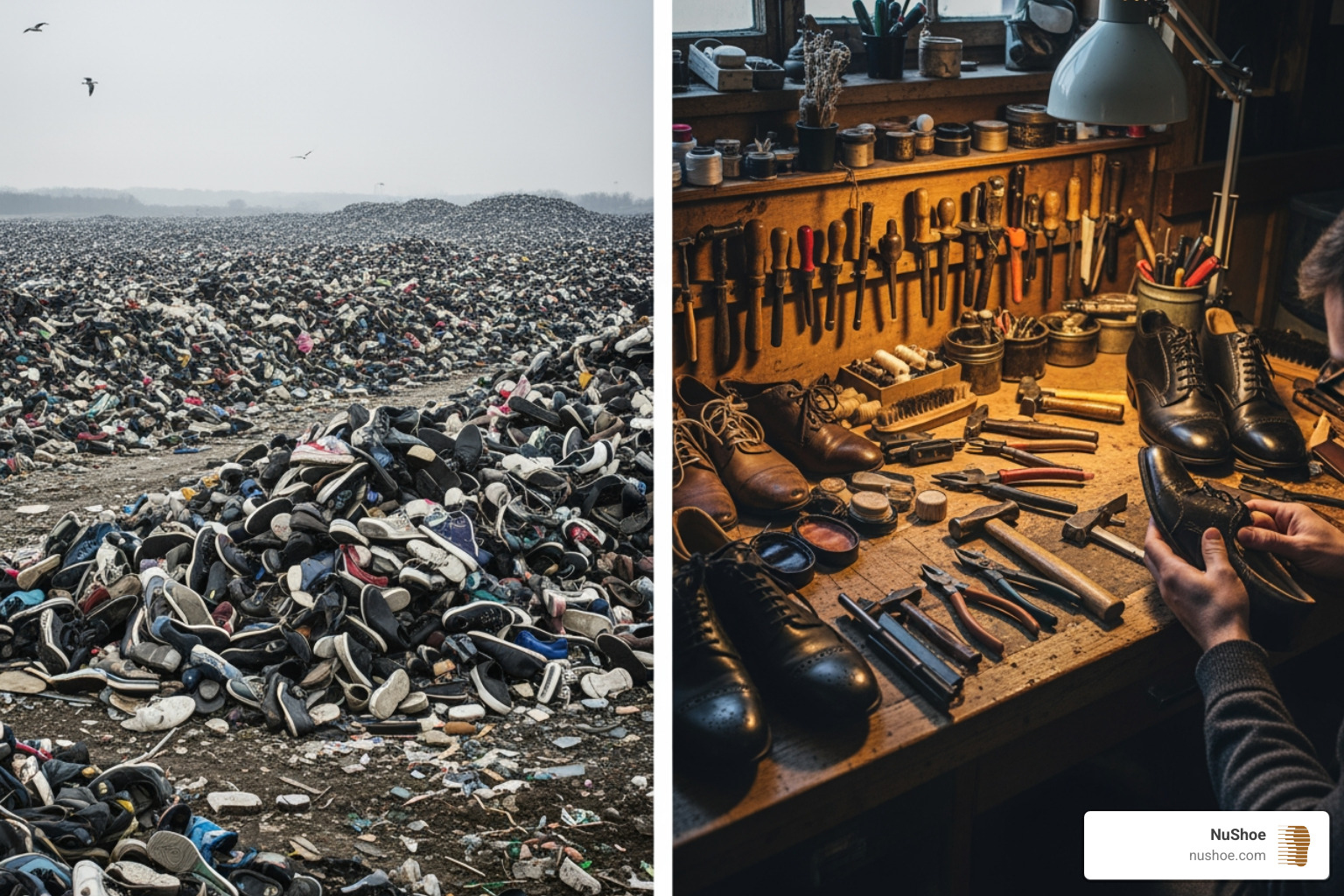 contrasting a landfill of discarded shoes with an artisan's clean workshop - shoe repair United States