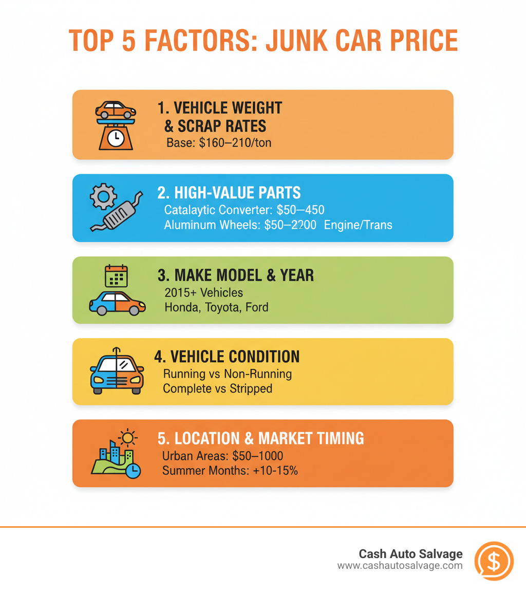 infographic showing the top 5 factors that determine junk car price: 1. Vehicle Weight and Scrap Metal Rates (base value $160-$210 per ton), 2. High-Value Parts (catalytic converter $50-$450, aluminum wheels $50-$200, engine/transmission), 3. Make Model and Year (2015+ vehicles and popular brands like Honda Toyota Ford), 4. Vehicle Condition (running vs non-running, complete vs stripped), 5. Location and Market Timing (urban areas pay $50-$100 more, summer months yield 10-15% higher prices) - junk cars price infographic