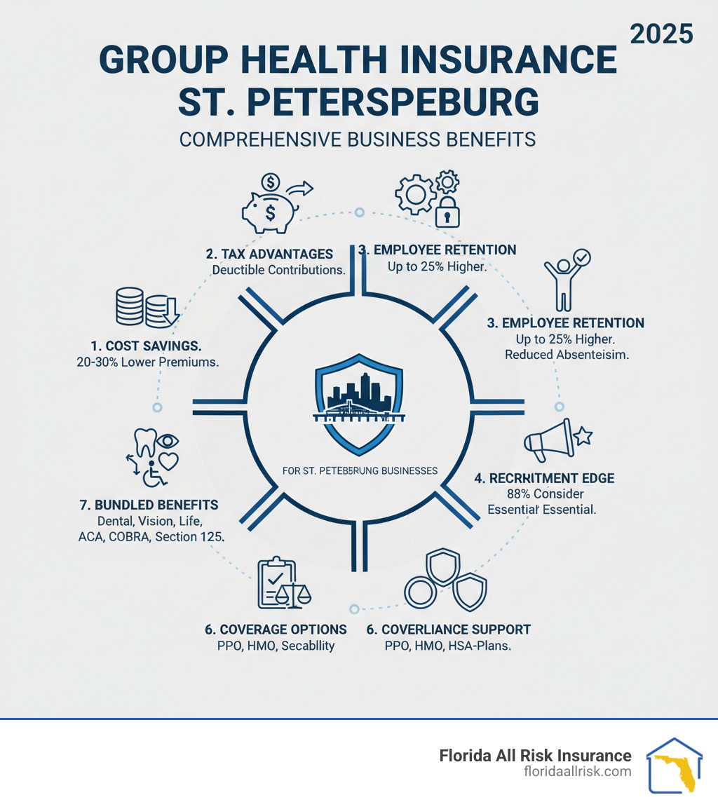 Infographic showing the comprehensive benefits of group health insurance for St. Petersburg businesses, including: 1) Cost Savings - Premiums typically 20-30% lower than individual plans through risk pooling, 2) Tax Advantages - Employer contributions are tax-deductible and exempt from payroll taxes, 3) Employee Retention - Quality benefits increase retention rates by up to 25%, 4) Productivity Gains - Access to preventive care reduces absenteeism and sick days, 5) Recruitment Edge - 88% of job seekers consider health benefits essential, 6) Coverage Options - Choose from PPO, HMO, and HSA-compatible plans, 7) Bundled Benefits - Add dental, vision, life, and disability coverage, 8) Compliance Support - Meet ACA, COBRA, and Section 125 requirements with expert guidance - group health insurance st petersburg infographic 