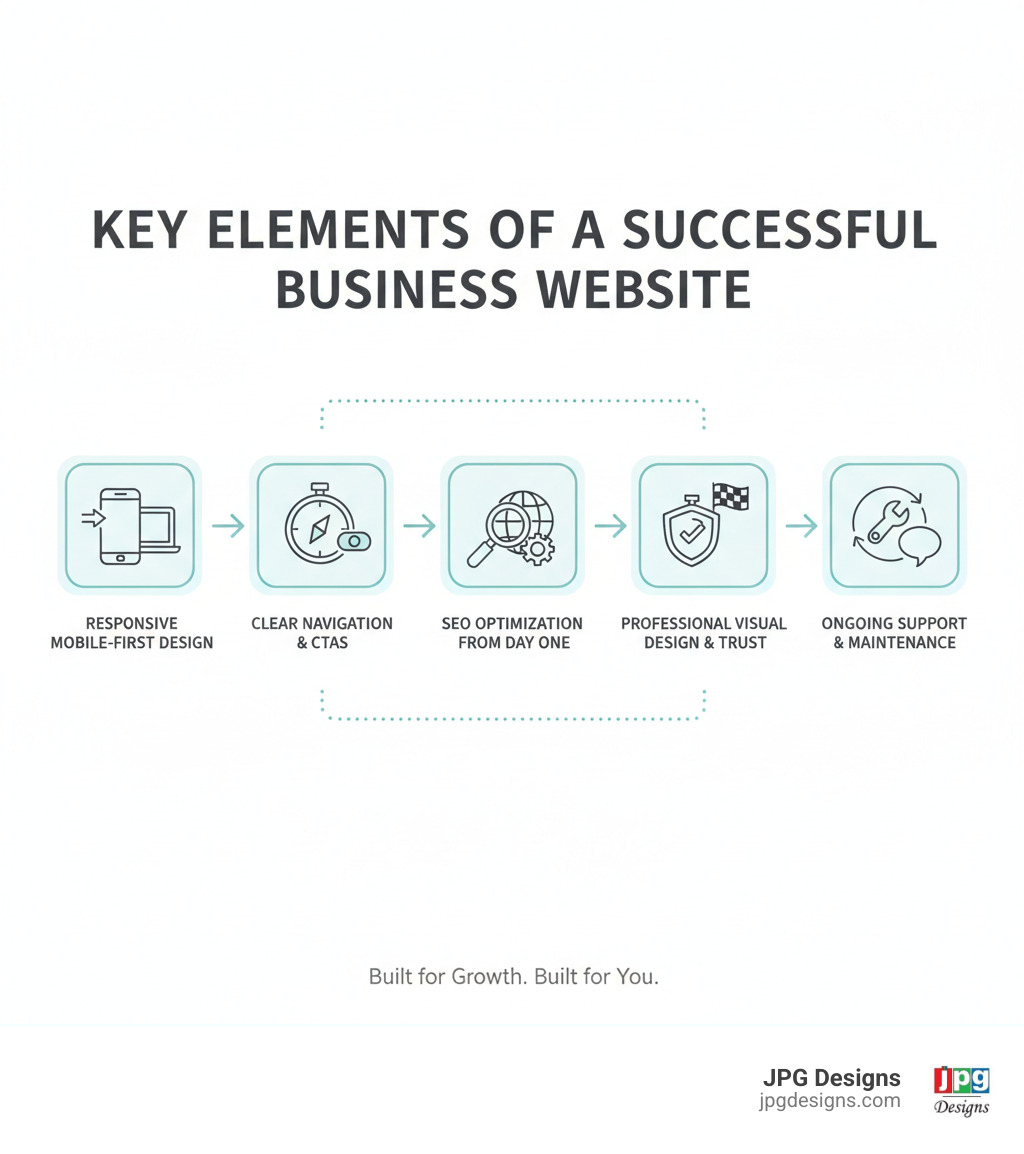 infographic showing the key elements of a successful business website: responsive mobile-first design, clear navigation and calls-to-action, SEO optimization from day one, fast loading speed, professional visual design that builds trust, and ongoing support and maintenance - website design service infographic 