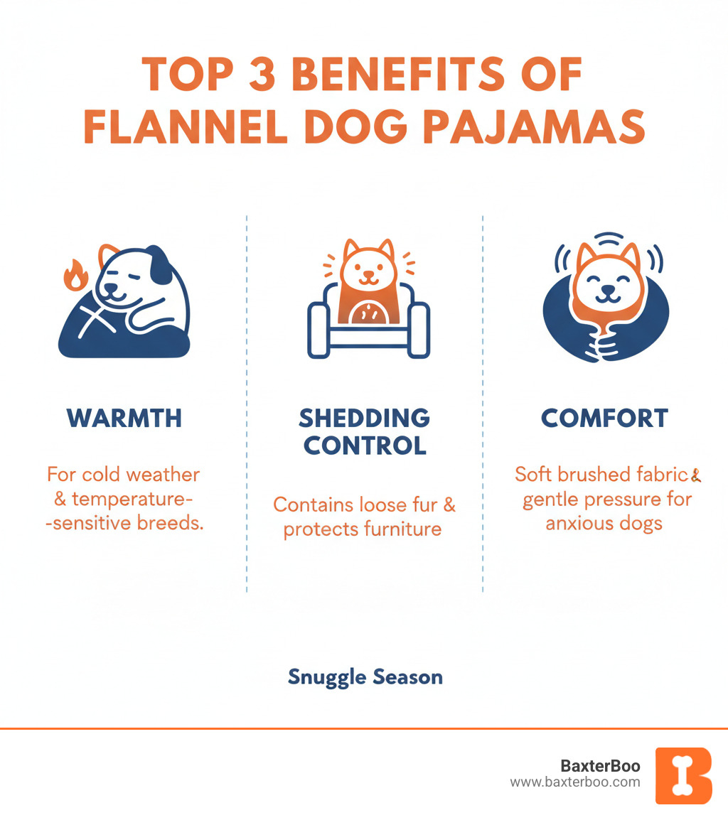 Infographic showing the top three benefits of flannel dog pajamas: Warmth for cold weather and temperature-sensitive breeds, Shedding Control to contain loose fur and protect furniture, and Comfort from soft brushed flannel fabric that provides gentle pressure for anxious dogs - flannel dog pajamas infographic Infographic showing the top three benefits of flannel dog pajamas: Warmth for cold weather and temperature-sensitive breeds, Shedding Control to contain loose fur and protect furniture, and Comfort from soft brushed flannel fabric that provides gentle pressure for anxious dogs - flannel dog pajamas infographic