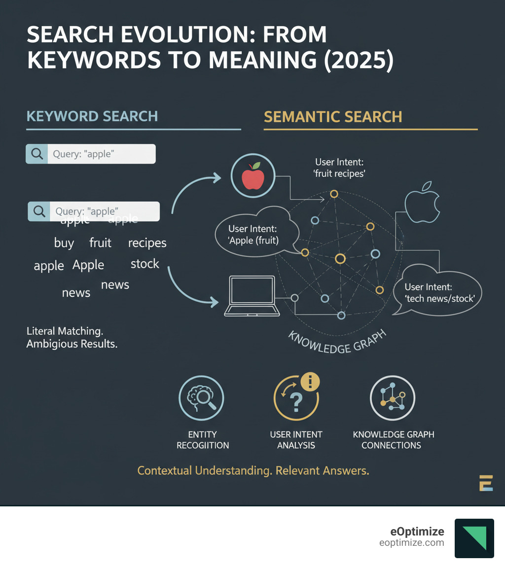infographic showing the evolution from keyword-based search to semantic search, illustrating how a query for "apple" now triggers contextual understanding that distinguishes between apple the fruit versus Apple the technology company, with visual representations of entity recognition, user intent analysis, and knowledge graph connections - semantic SEO agency infographic 