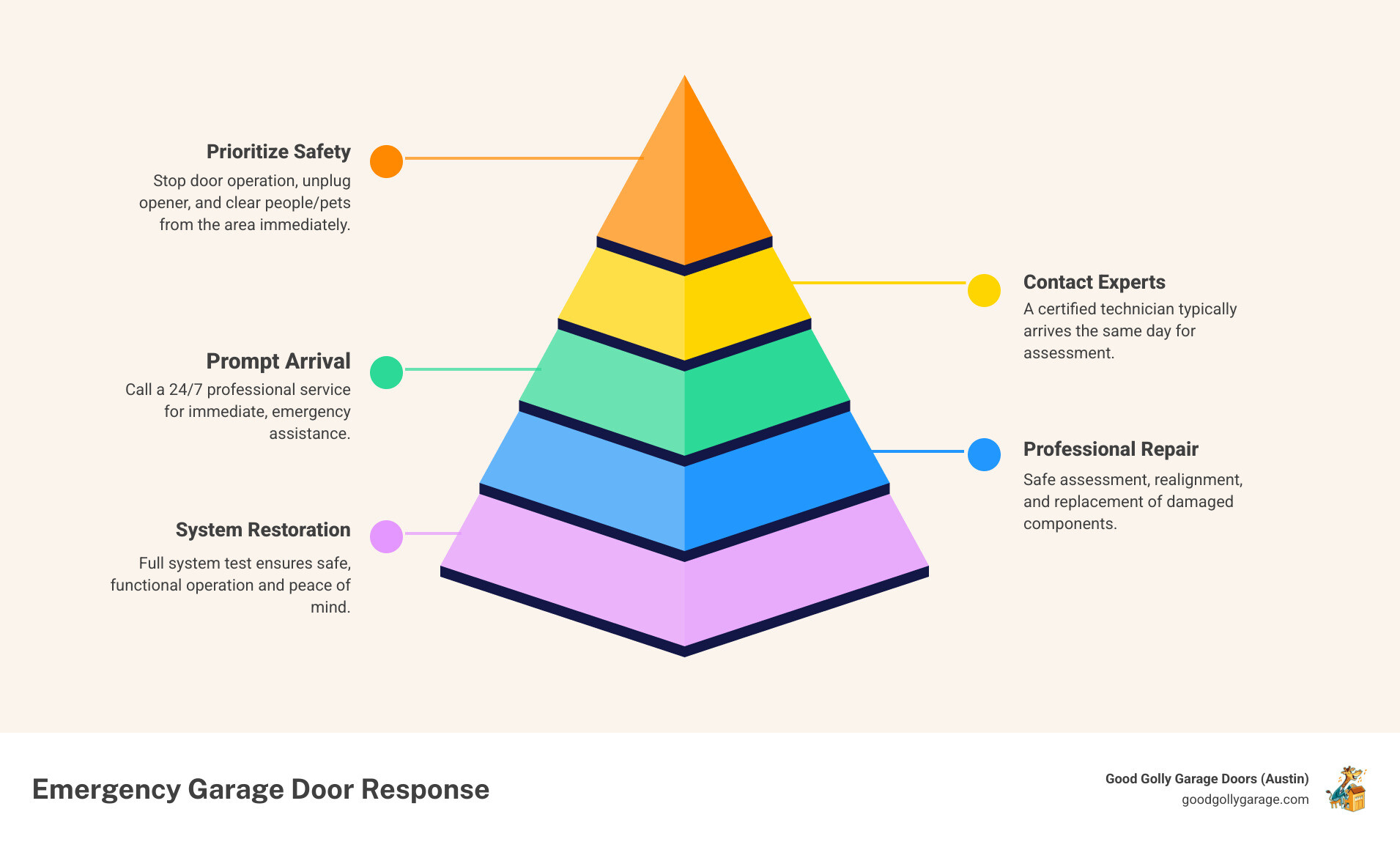 Infographic showing the emergency response process: 1. Stop operation and unplug opener, 2. Clear the area of people and pets, 3. Call 24/7 professional service, 4. Technician arrives same-day, 5. Safe assessment and repair, 6. Full system test and restoration - emergency garage door off track in cedar park tx infographic pyramid-hierarchy-5-steps Infographic showing the emergency response process: 1. Stop operation and unplug opener, 2. Clear the area of people and pets, 3. Call 24/7 professional service, 4. Technician arrives same-day, 5. Safe assessment and repair, 6. Full system test and restoration - emergency garage door off track in cedar park tx infographic pyramid-hierarchy-5-steps