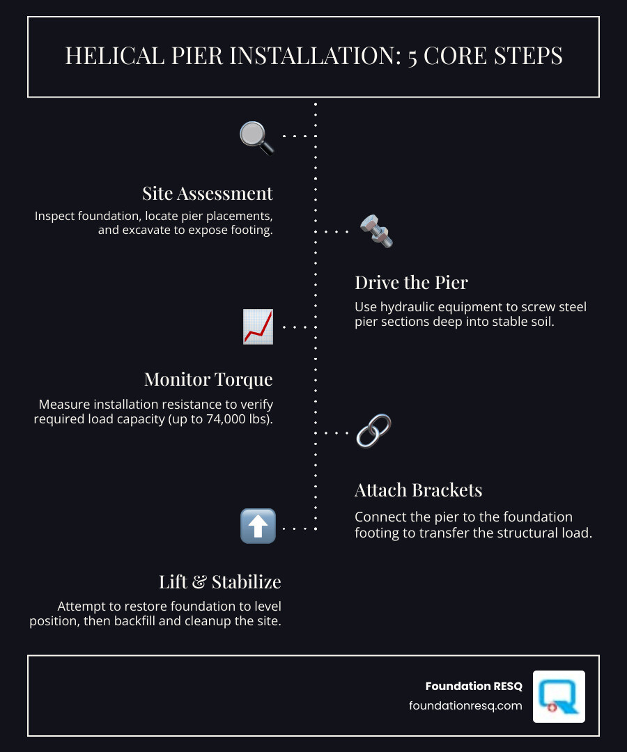 infographic showing cross-section view of a home's foundation with helical piers installed: arrows indicating how the pier transfers structural load from the weak topsoil layer through multiple soil strata down to competent bearing soil or bedrock, with labels for foundation footing, remedial bracket, helical pier shaft, helical plates at different depths, weak soil zone, and stable bearing stratum - Helical pier installation infographic infographic-line-5-steps-dark