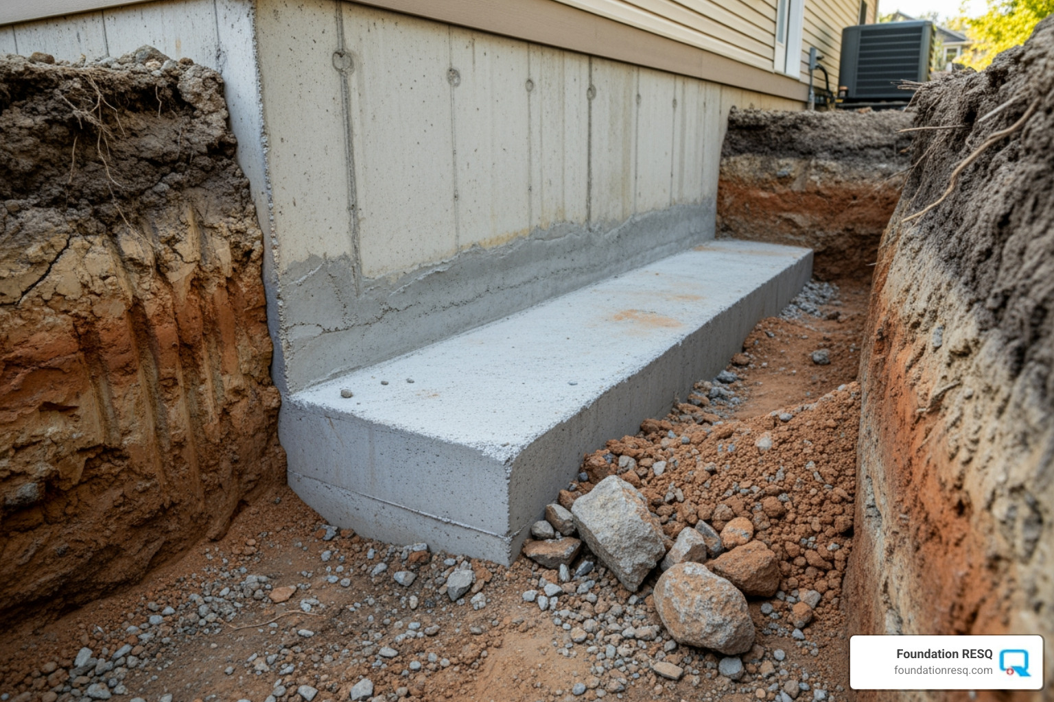 excavated area around a home's foundation exposing the footing - Helical pier installation