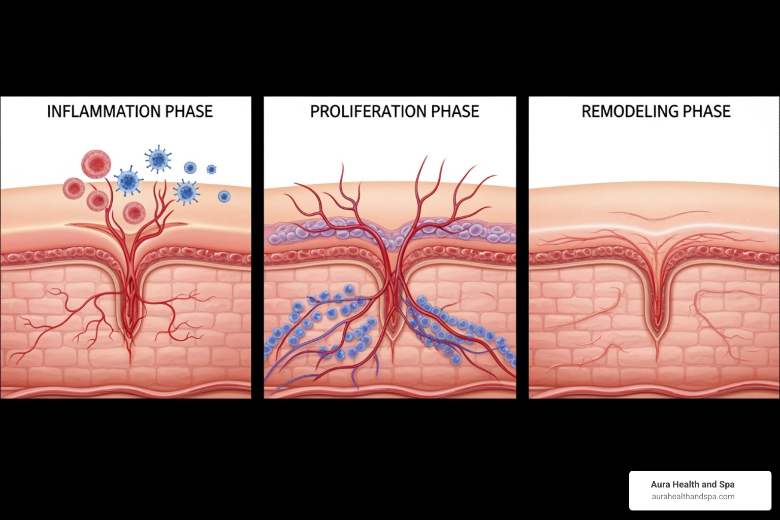 Microneedling process showing three healing phases: inflammation within 24-72 hours triggering immune response, proliferation over 2-3 weeks building new tissue and collagen, and remodeling for 3-6 months strengthening and refining skin structure - microneedling near me infographic 