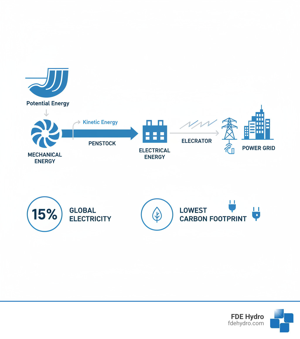 infographic showing the flow of water from reservoir through penstock to turbine, generator, and finally to the power grid, with labels indicating energy conversion at each stage and statistics showing 15% of global electricity and lowest carbon footprint - hydroelectric power solutions infographic 