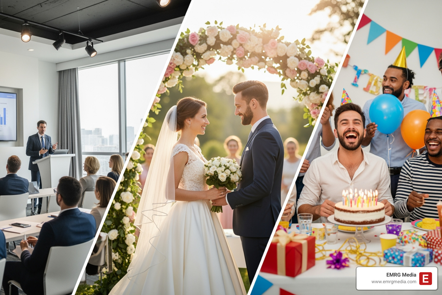 Diverse collage of events: a corporate conference, a wedding, and a birthday party - event planning services nyc