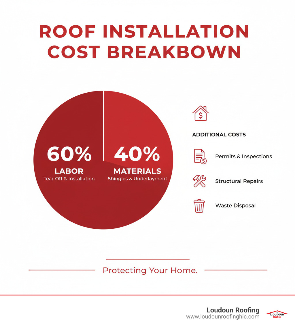 infographic showing roof installation cost breakdown by percentage: 40% materials including shingles and underlayment, 60% labor including tear-off and installation, plus additional costs for permits, inspections, structural repairs, and waste disposal - roof installation cost infographic 