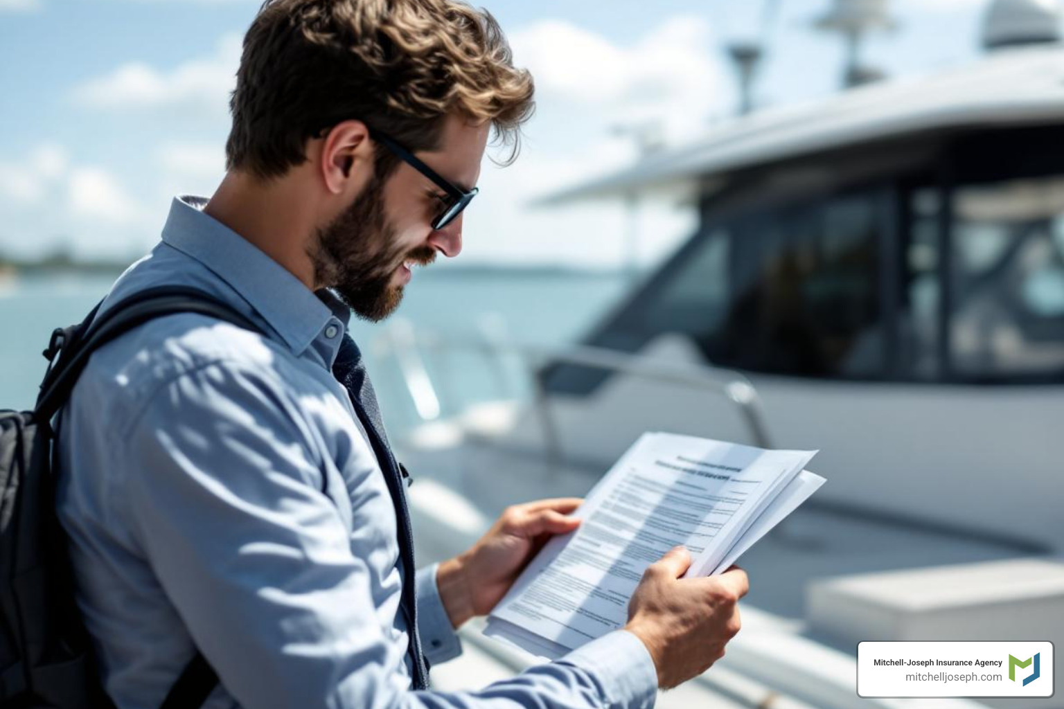 person comparing insurance documents with a boat in the background - Best boat insurance rates person comparing insurance documents with a boat in the background - Best boat insurance rates