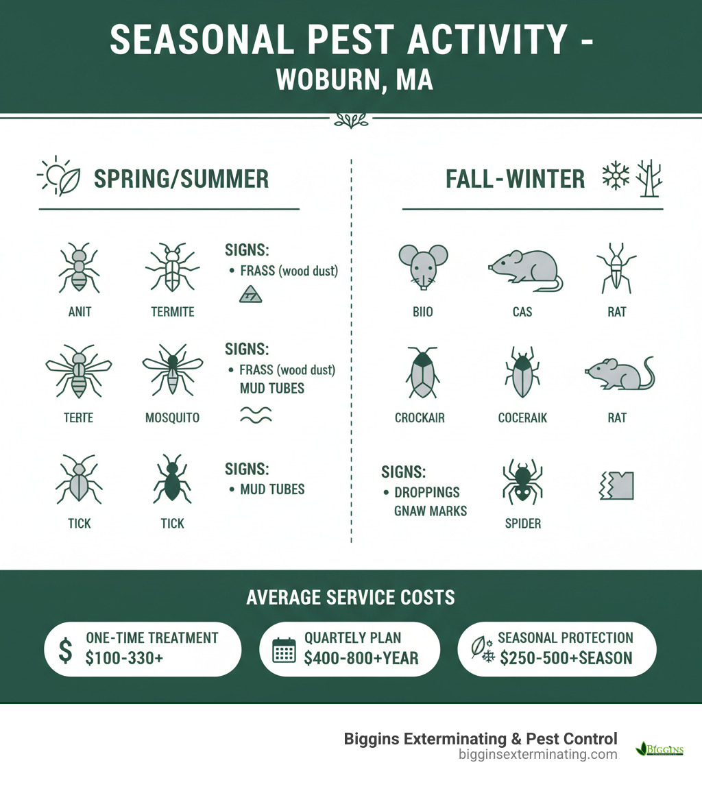 Infographic showing seasonal pest activity in Woburn MA: Spring/Summer features carpenter ants, termites, wasps, mosquitoes and ticks with signs like frass and mud tubes; Fall/Winter shows mice, rats, cockroaches and spiders with signs including droppings and gnaw marks, plus average service costs ranging from one-time treatments to quarterly maintenance plans - residential pest control woburn ma infographic 