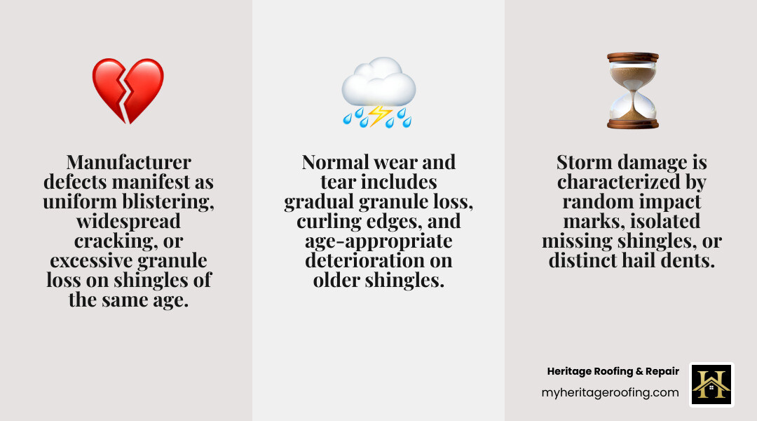 infographic showing three columns comparing manufacturer defect symptoms (uniform blistering, widespread cracking, excessive granule loss on same-age shingles), storm damage symptoms (random impact marks, isolated missing shingles, hail dents), and normal wear and tear (gradual granule loss, curling edges on old shingles, age-appropriate deterioration) - defective shingles insurance claim infographic 3_facts_emoji_grey infographic showing three columns comparing manufacturer defect symptoms (uniform blistering, widespread cracking, excessive granule loss on same-age shingles), storm damage symptoms (random impact marks, isolated missing shingles, hail dents), and normal wear and tear (gradual granule loss, curling edges on old shingles, age-appropriate deterioration) - defective shingles insurance claim infographic 3_facts_emoji_grey