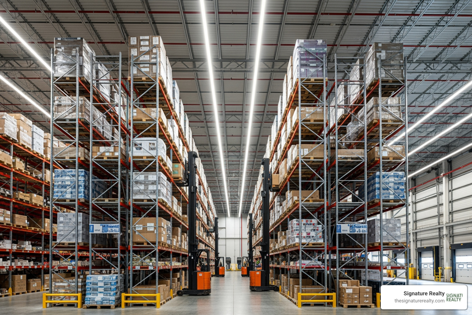 interior of a large, modern warehouse showing high ceilings and racking systems - Warehouse for rent Miami interior of a large, modern warehouse showing high ceilings and racking systems - Warehouse for rent Miami