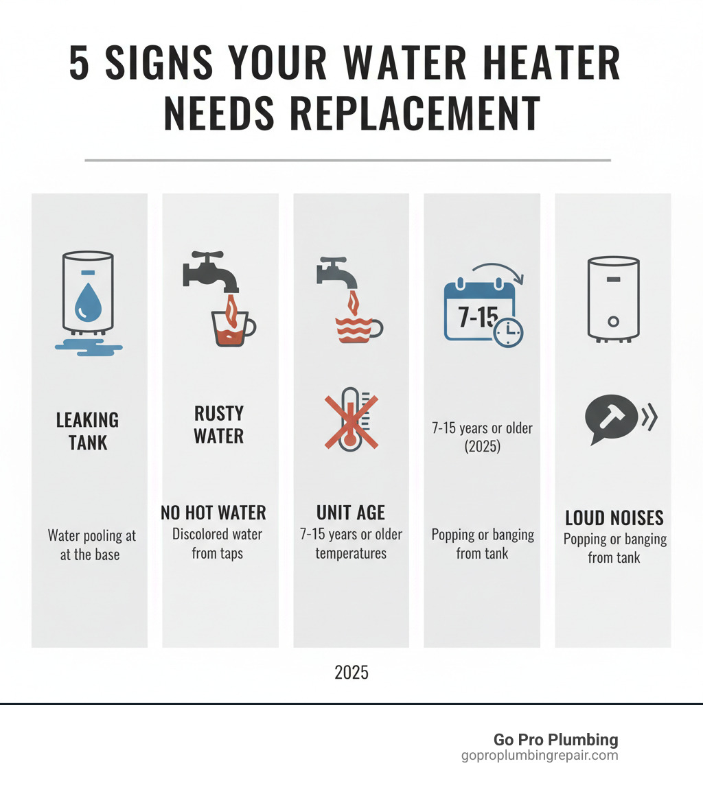 Infographic showing the 5 signs your water heater needs replacement: 1) Leaking tank with visible water pooling at the base, 2) Rusty or discolored water coming from taps, 3) No hot water or inconsistent temperatures, 4) Unit age of 7-15 years or older, 5) Loud popping or banging noises from the tank - water heater installation infographic 