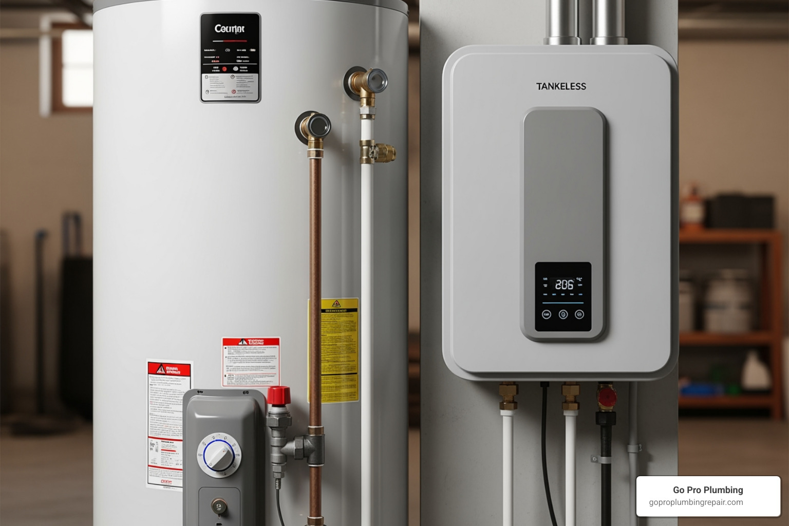 Image of two water heater types side-by-side: a traditional tank and a tankless unit - water heater installation