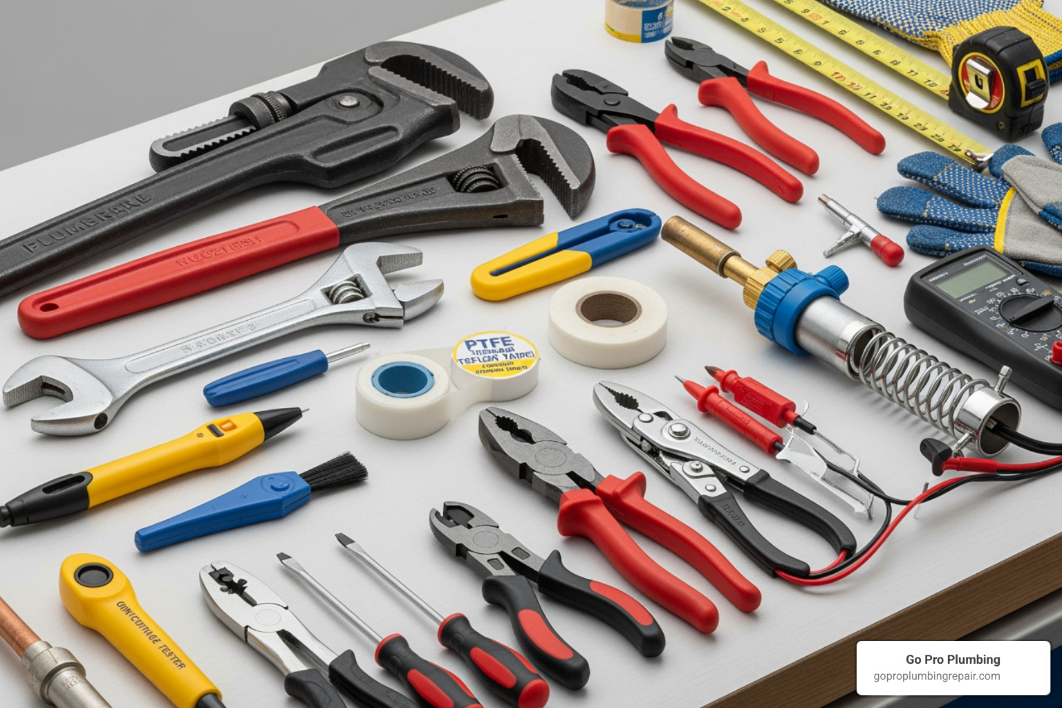 Image of essential tools for water heater installation laid out neatly - water heater installation