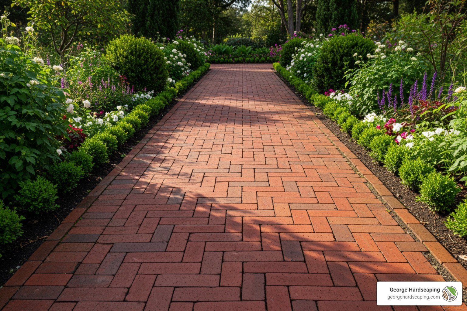 Red brick walkway in herringbone pattern with neat garden borders - Backyard walkway design Red brick walkway in herringbone pattern with neat garden borders - Backyard walkway design