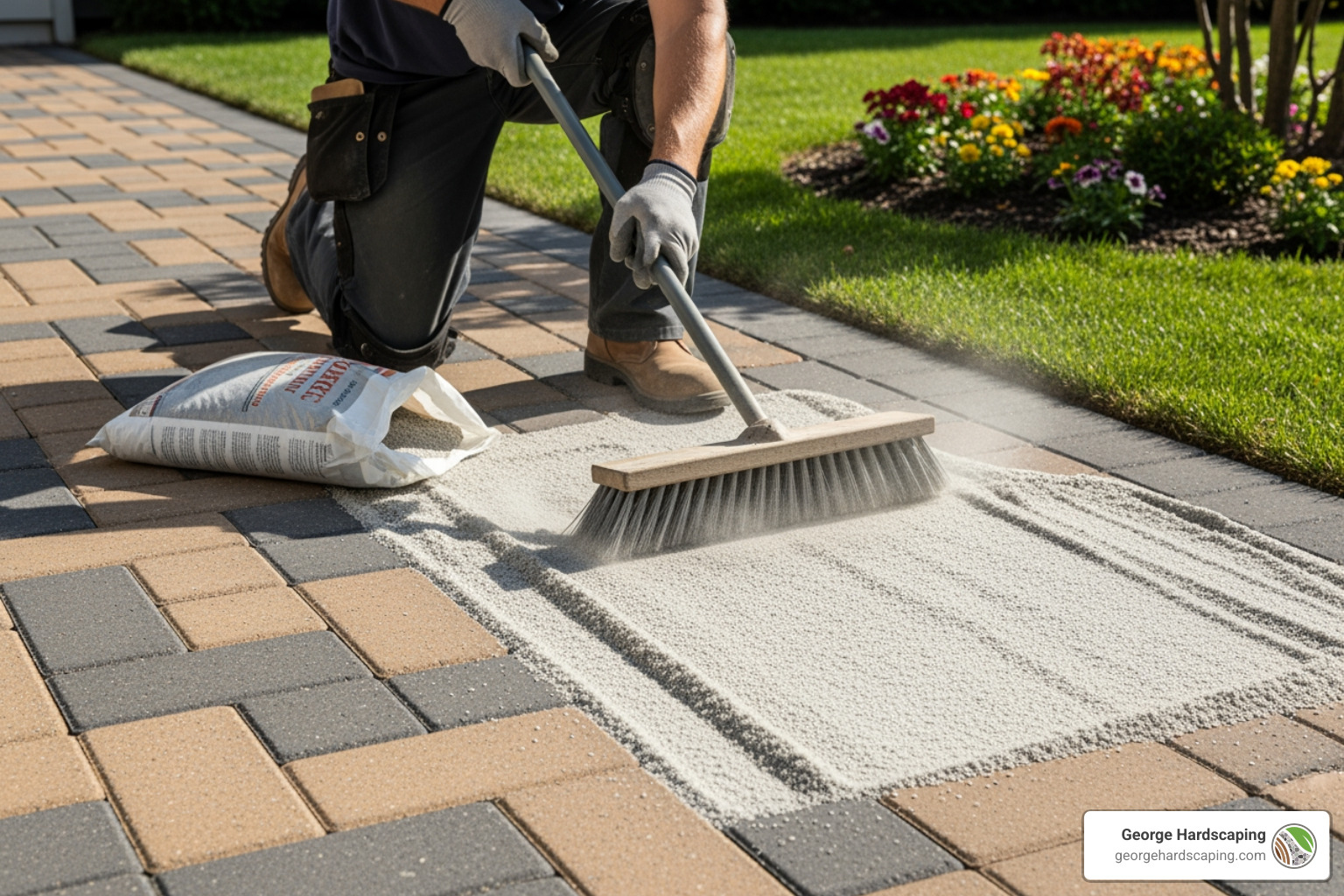 Hardscaping expert applying polymeric sand to paver walkway for weed prevention - Backyard walkway design Hardscaping expert applying polymeric sand to paver walkway for weed prevention - Backyard walkway design