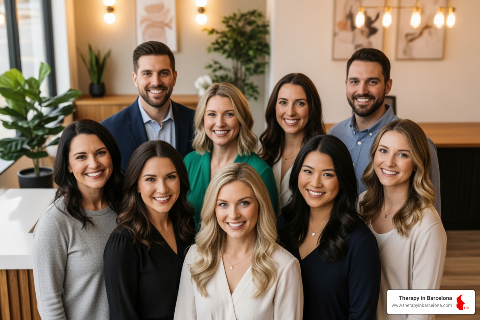 Group of diverse individuals smiling, representing a supportive therapy team - English speaking psychologist Madrid
