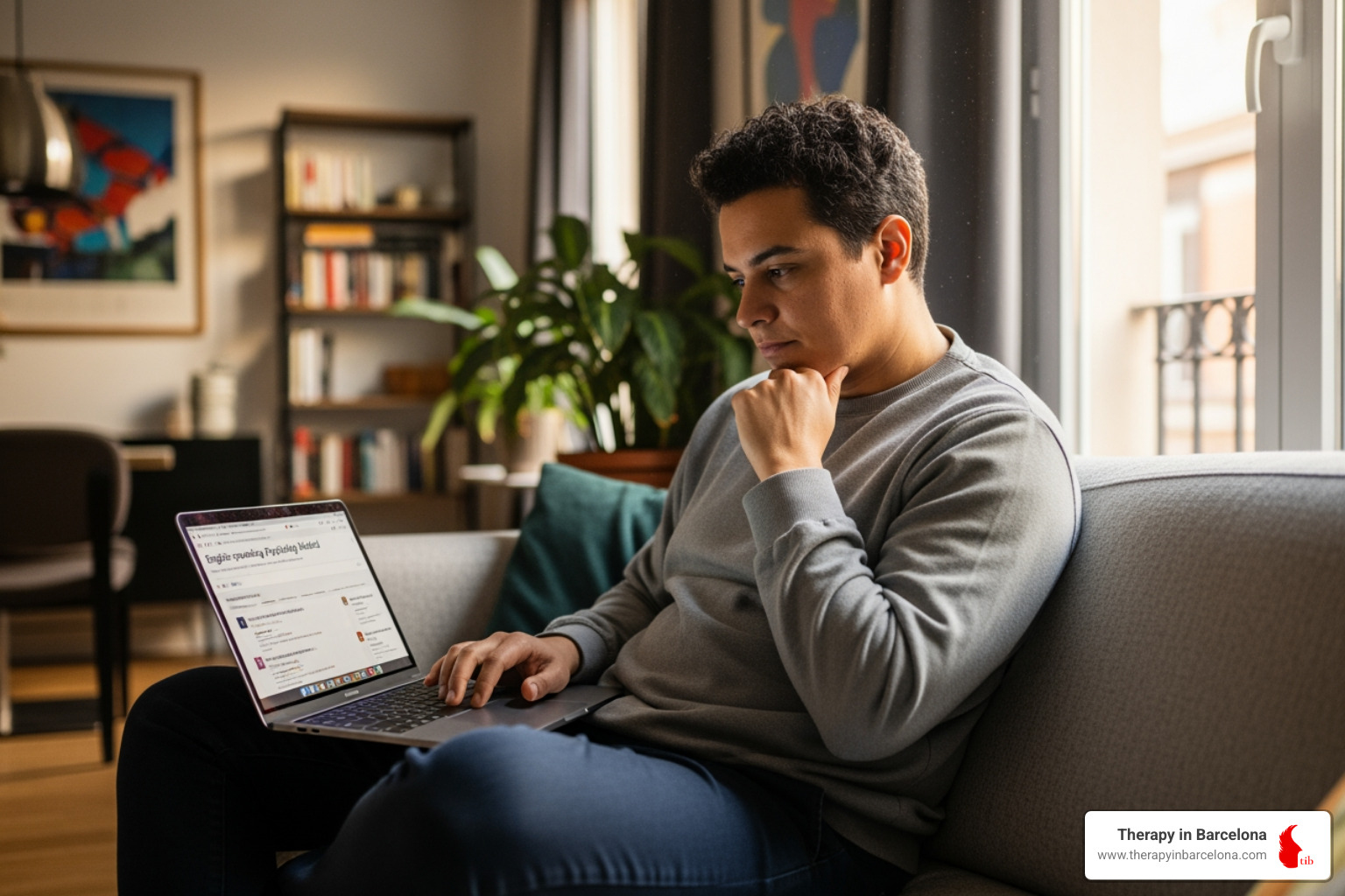 Person on laptop, searching for a therapist in a comfortable home setting - English speaking psychologist Madrid