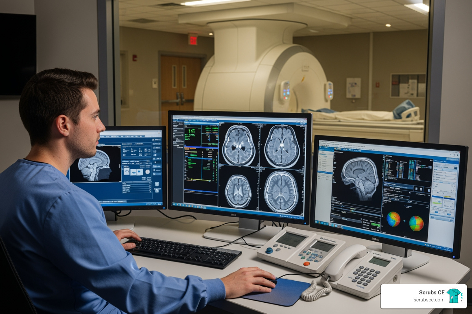 MRI technologist working at console - CE for MRI technologists MRI technologist working at console - CE for MRI technologists