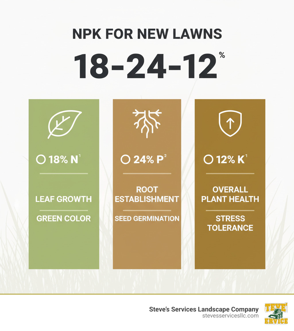 Infographic showing the roles of NPK in new lawns: Nitrogen (18%) promotes leaf growth and green color, Phosphorus (24%) drives root establishment and seed germination, and Potassium (12%) improves overall plant health and stress tolerance - 18-24-12 fertilizer infographic 