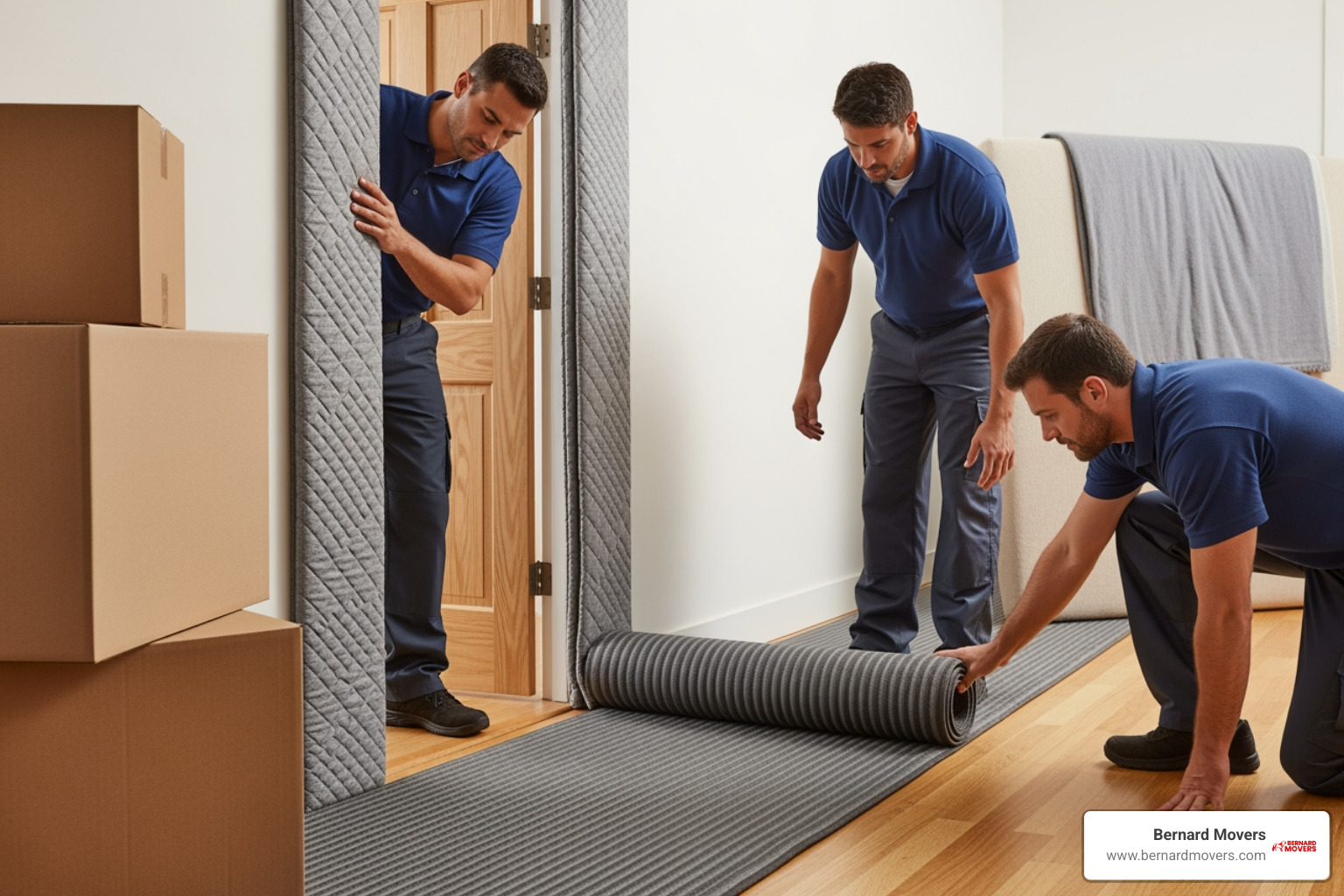 movers using protective padding on a doorway and floor runners in a hallway - apartment movers