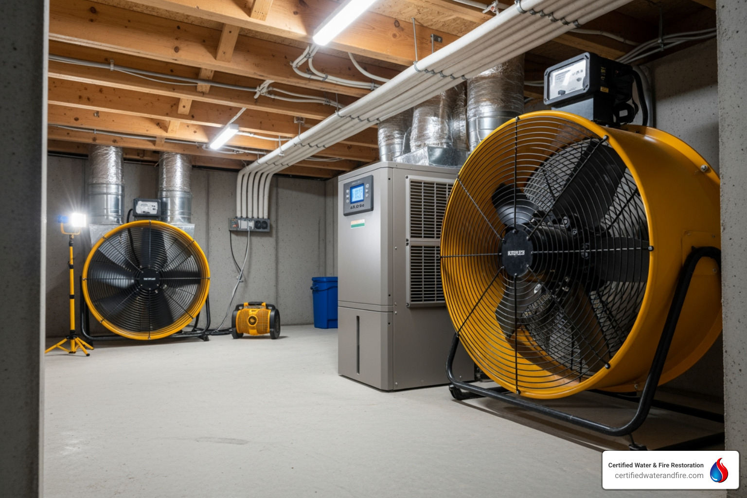 industrial fans and a dehumidifier running in a cleaned crawl space - crawl space sewage cleanup