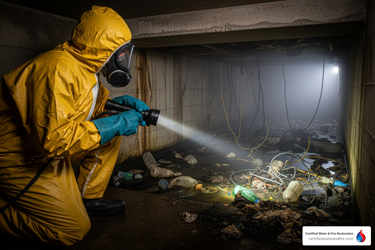 person in full PPE looking into a contaminated crawl space - crawl space sewage cleanup