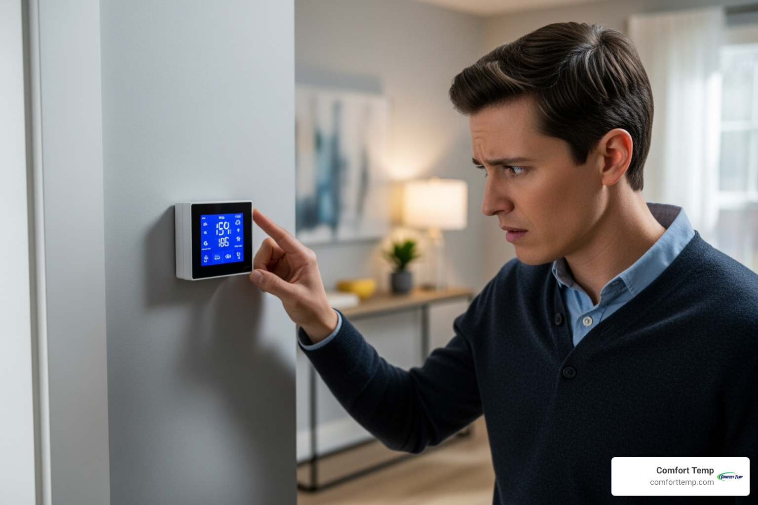 homeowner looking quizzically at their thermostat - furnace service Gainesville FL homeowner looking quizzically at their thermostat - furnace service Gainesville FL