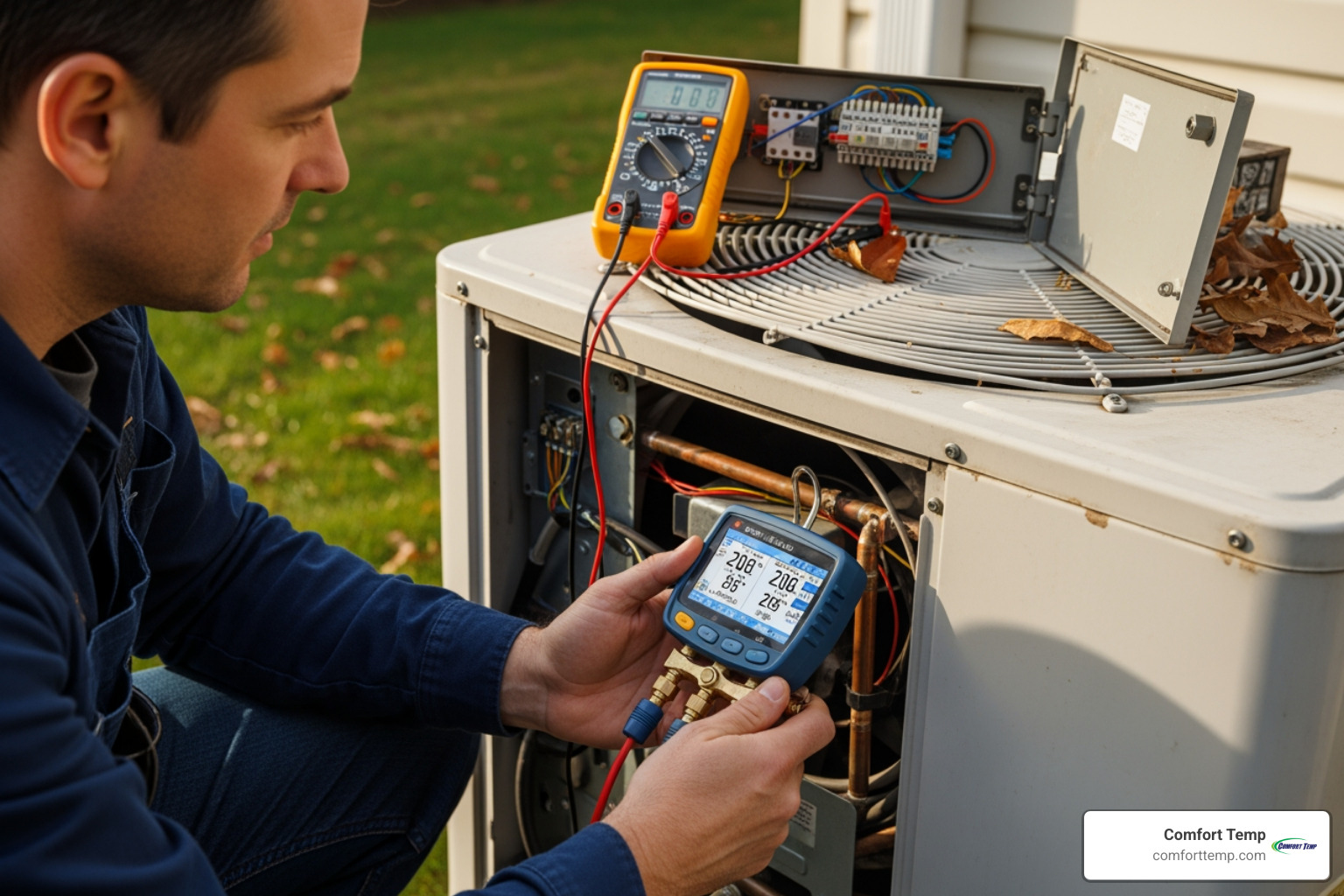 technician inspecting old heat pump system - heat pump replacement cost technician inspecting old heat pump system - heat pump replacement cost