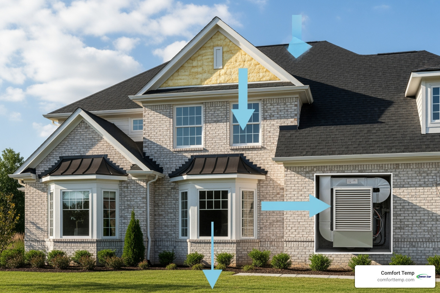 home with arrows indicating factors like windows, insulation, and ductwork - heat pump replacement cost home with arrows indicating factors like windows, insulation, and ductwork - heat pump replacement cost