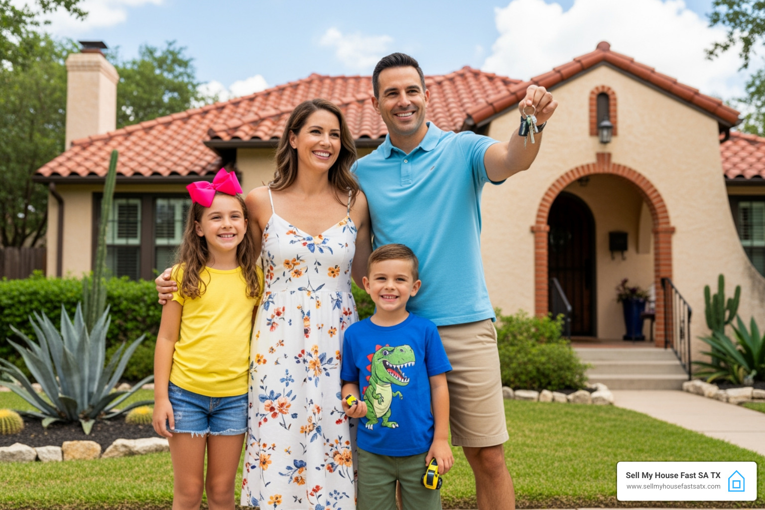 Smiling family handing over keys in front of their San Antonio home - sell house quicker