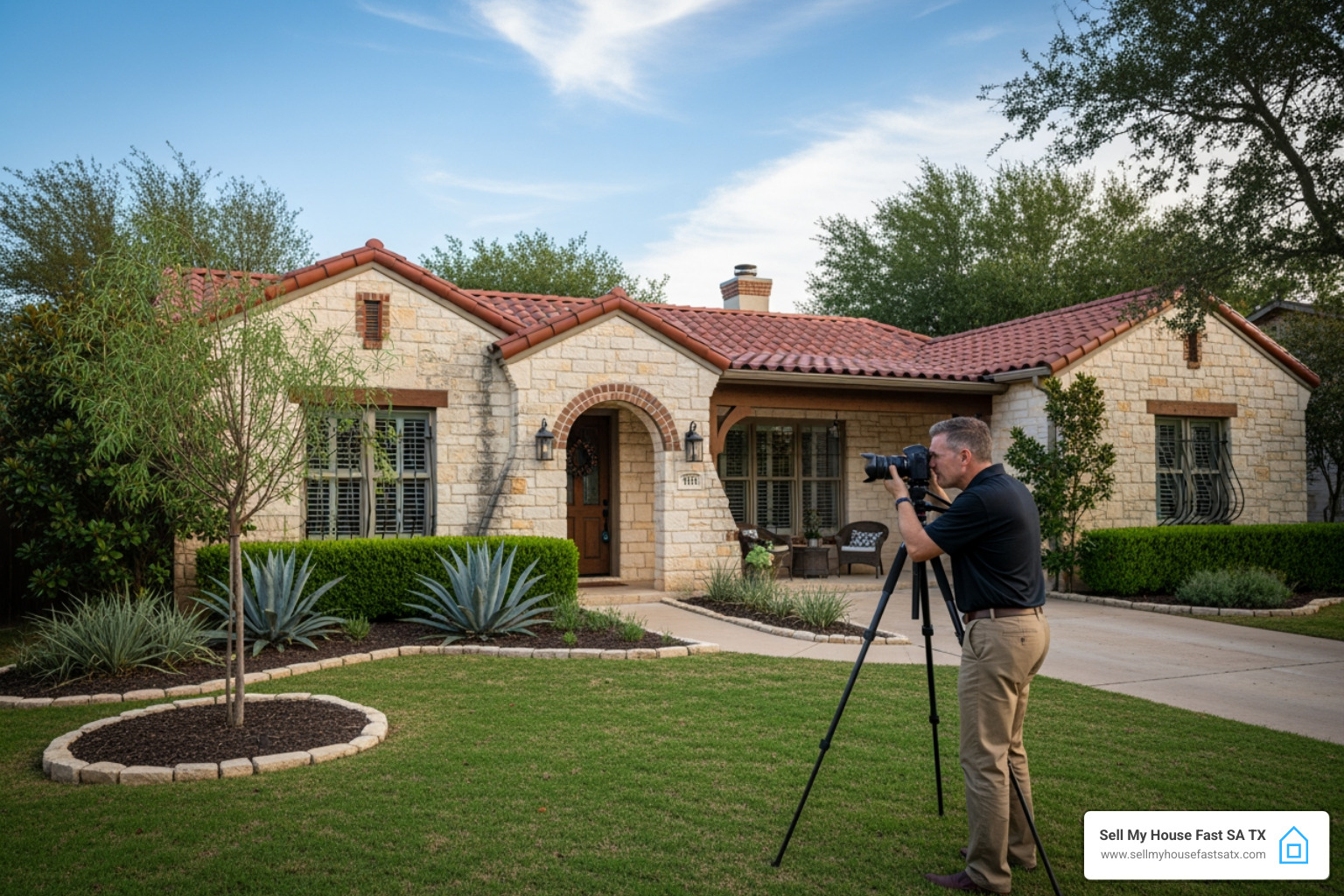 Professional real estate photographer taking pictures of a San Antonio home's exterior - sell house quicker
