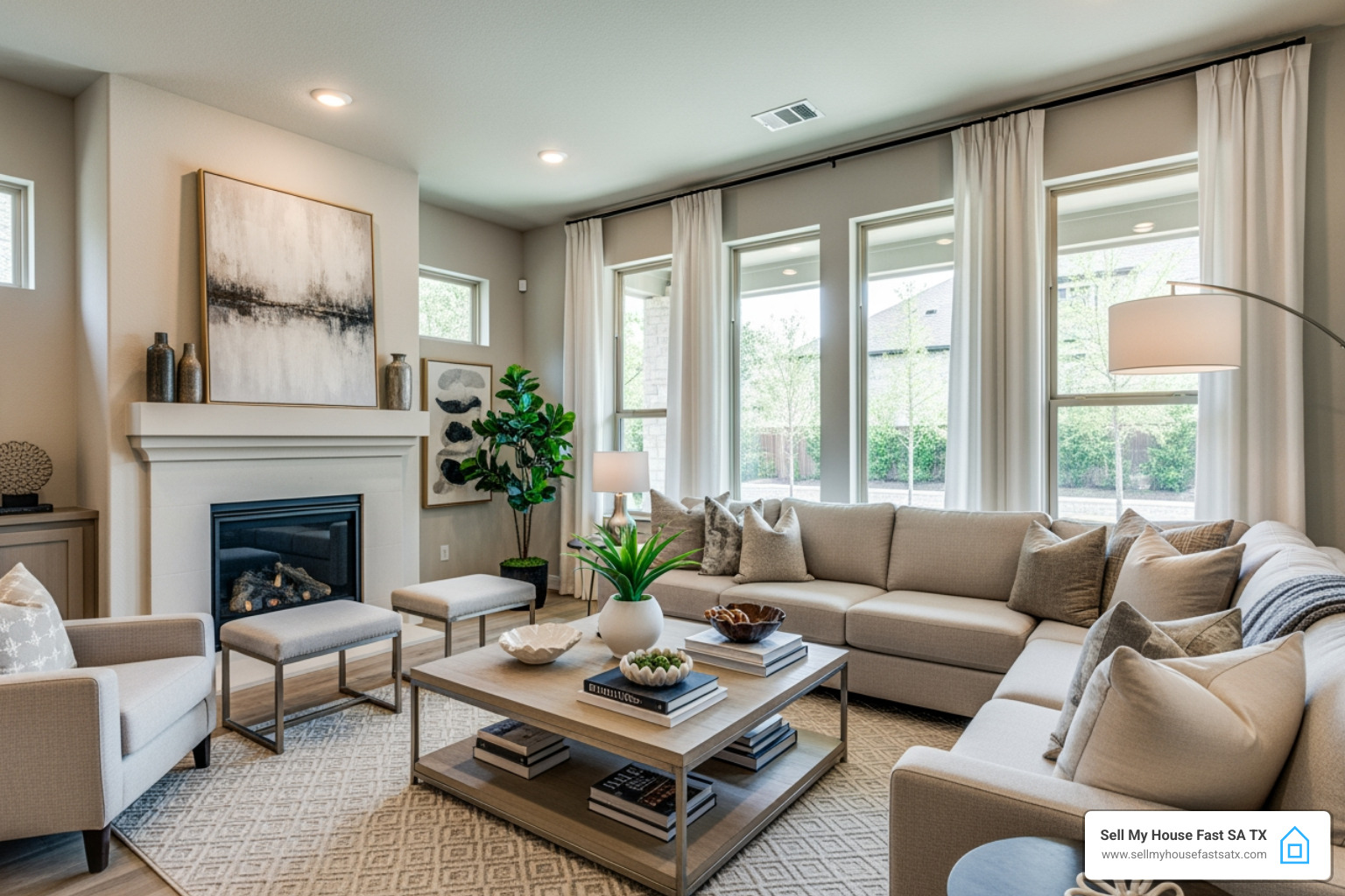 Perfectly staged, neutral-colored living room in a San Antonio home - sell house quicker
