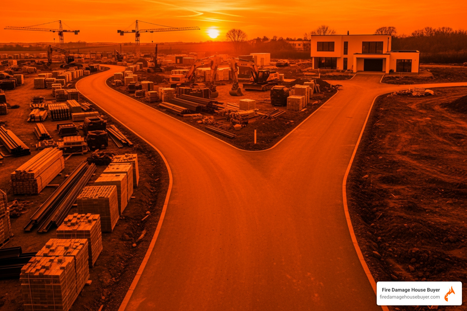 forked road, one path showing a long, winding construction site and the other a straight, clear path to a new home - fire claims adjuster
