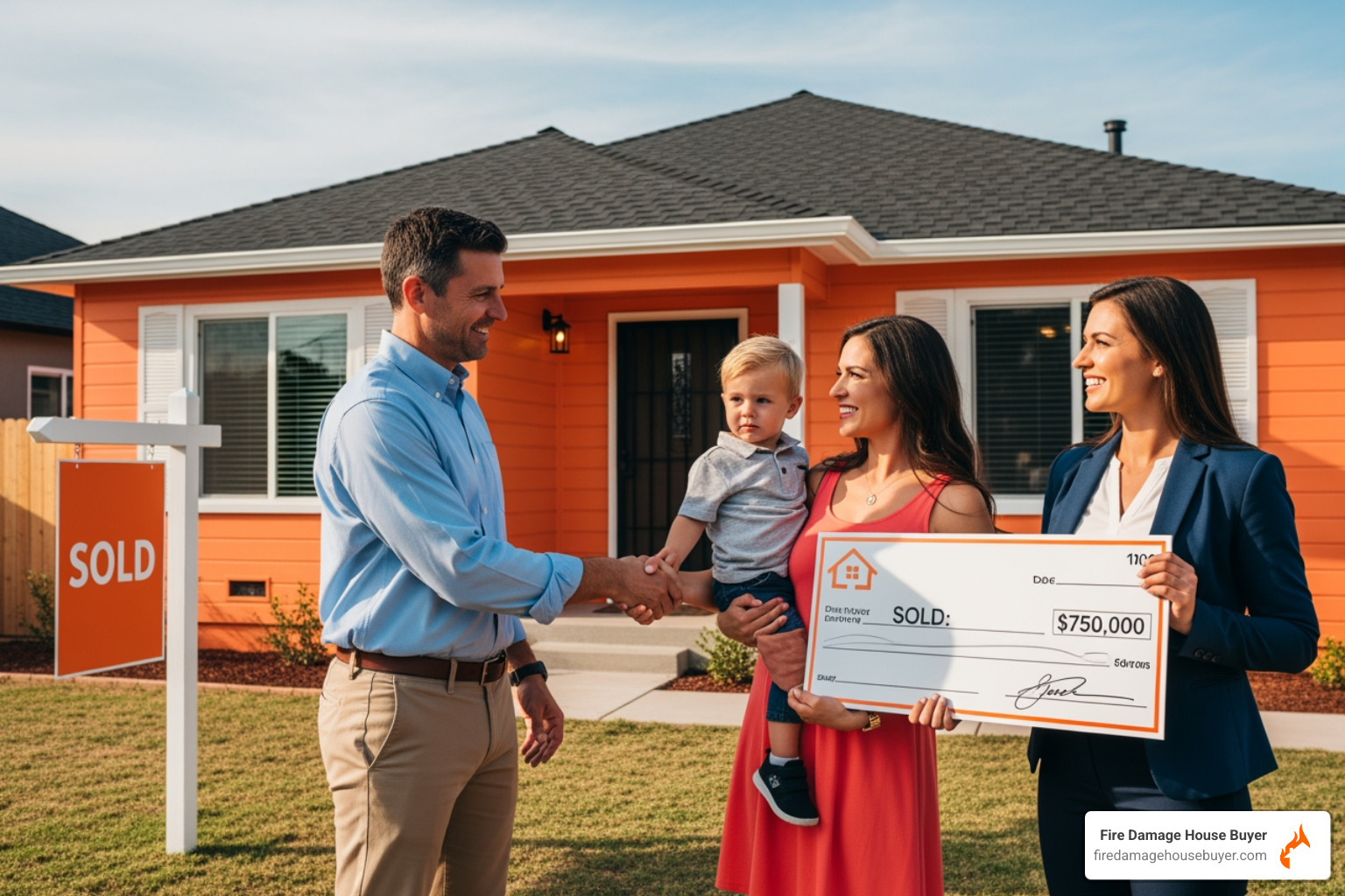 family receiving a check and shaking hands in front of their old house - fire claims adjuster
