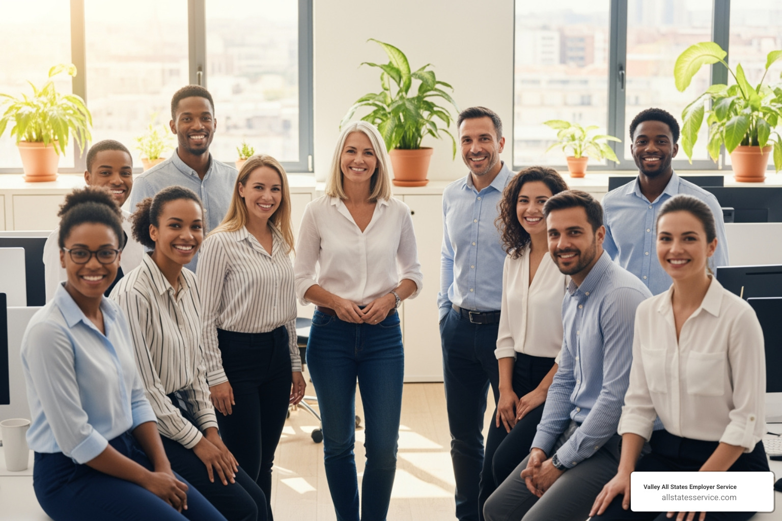A happy and diverse group of employees smiling, with an HR manager looking relieved and pleased in the background, symbolizing the positive impact of automated verification. - automated employment verification system