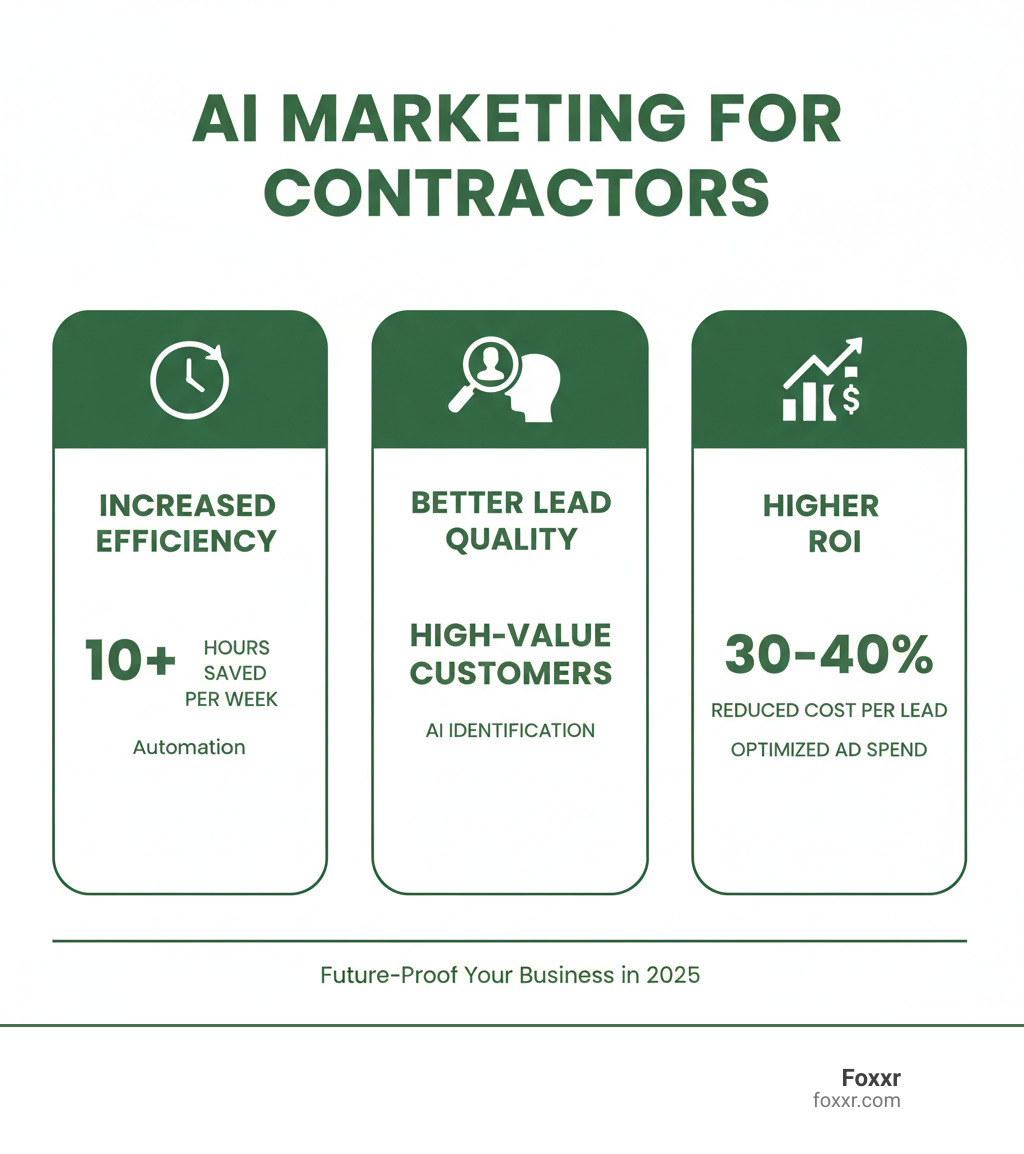 Infographic showing three key benefits of AI marketing services for contractors: Increased Efficiency through automation saving 10+ hours per week, Better Lead Quality with AI identifying high-value customers, and Higher ROI with optimized ad spend reducing cost per lead by 30-40% - ai marketing services infographic Infographic showing three key benefits of AI marketing services for contractors: Increased Efficiency through automation saving 10+ hours per week, Better Lead Quality with AI identifying high-value customers, and Higher ROI with optimized ad spend reducing cost per lead by 30-40% - ai marketing services infographic