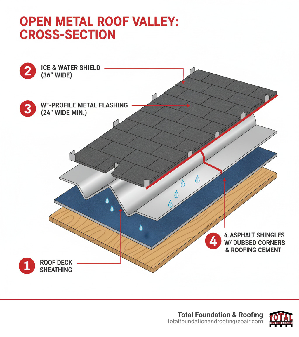 Detailed cross-section infographic showing the complete layering system of an open metal valley installation from bottom to top: roof deck sheathing, 36-inch wide ice and water shield membrane centered in valley, 24-inch minimum width W-profile metal flashing with raised center crimp, and overlapping asphalt shingles trimmed to chalk lines with dubbed corners embedded in roofing cement - how to install metal valley flashing on shingle roof infographic 