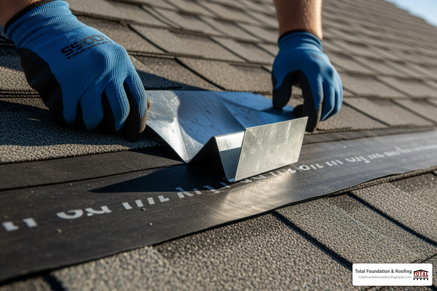 A close-up image of a roofer carefully placing a pre-formed W-valley metal sheet into the valley, ensuring it is centered over the ice and water shield underlayment - how to install metal valley flashing on shingle roof