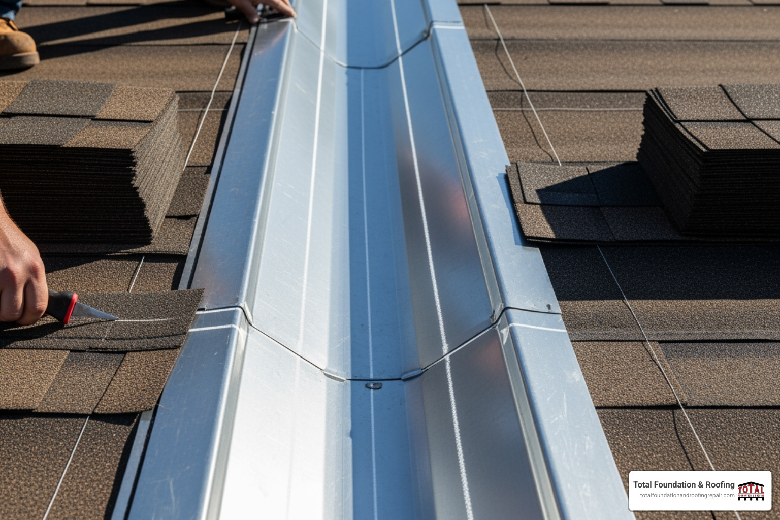An image showing snapped chalk lines running down the metal valley, clearly delineating the area where shingles will be trimmed and installed, guiding the roofer for precise placement - how to install metal valley flashing on shingle roof