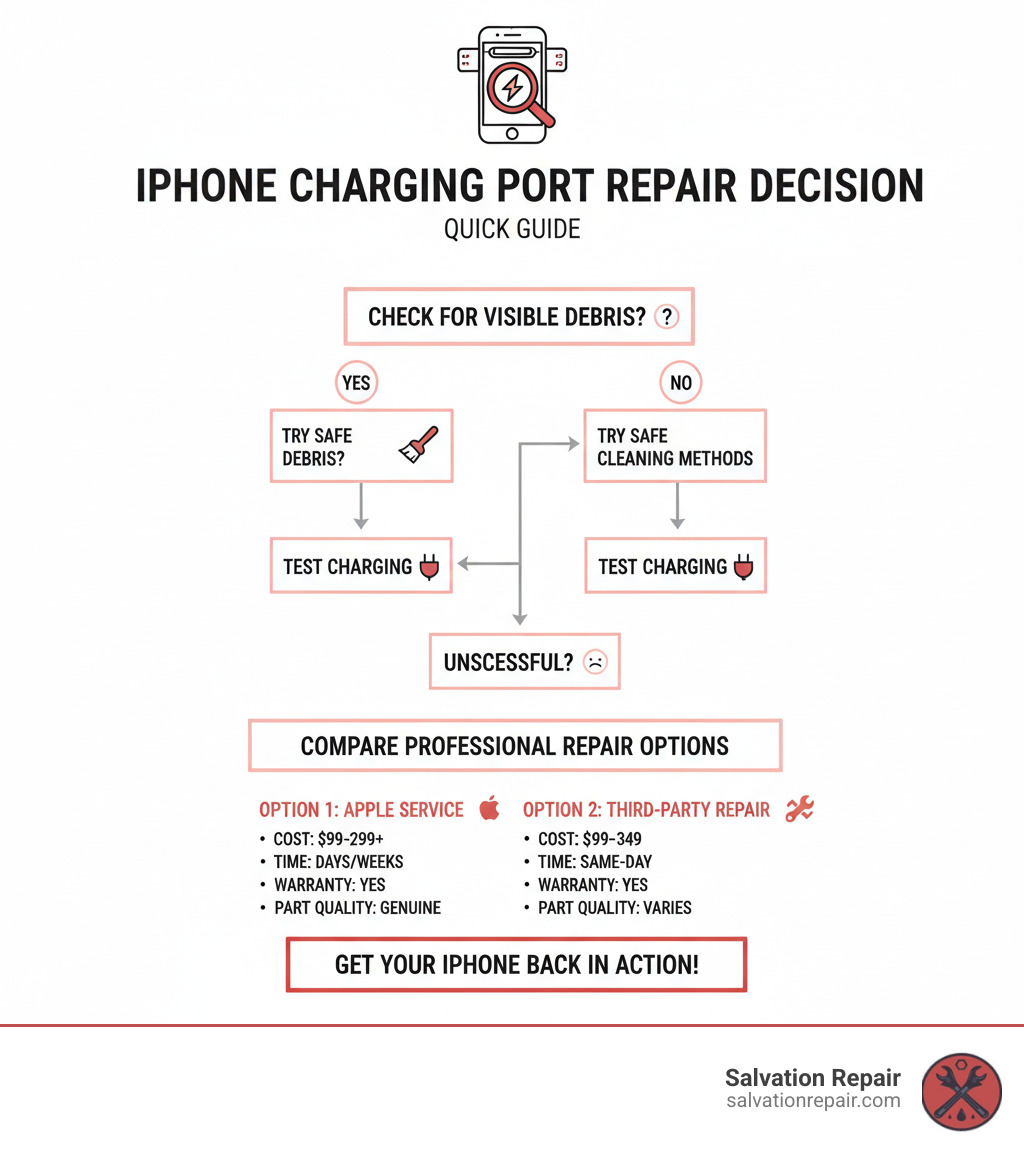 Infographic showing iPhone charging port repair decision tree: Check for visible debris → Try safe cleaning methods → Test charging → If unsuccessful, compare professional repair options (Apple vs Third-Party) based on cost ($99-$349), time (same-day vs days/weeks), warranty coverage, and part quality - iPhone charging port repair infographic 