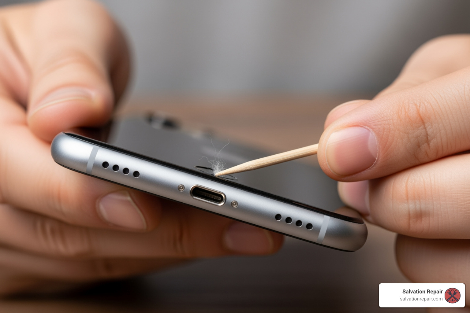 a person carefully cleaning an iPhone port with a non-metallic tool like a wooden toothpick - iPhone charging port repair
