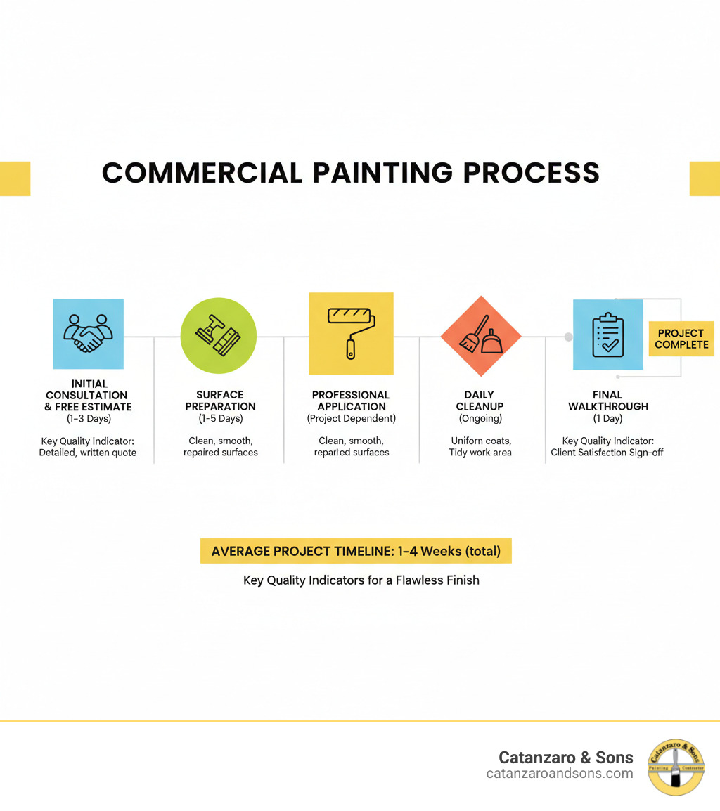 infographic showing the commercial painting process from initial consultation through free estimate, surface preparation, professional application, daily cleanup, and final walkthrough, with average project timelines and key quality indicators to look for at each stage - painting company barrington infographic 