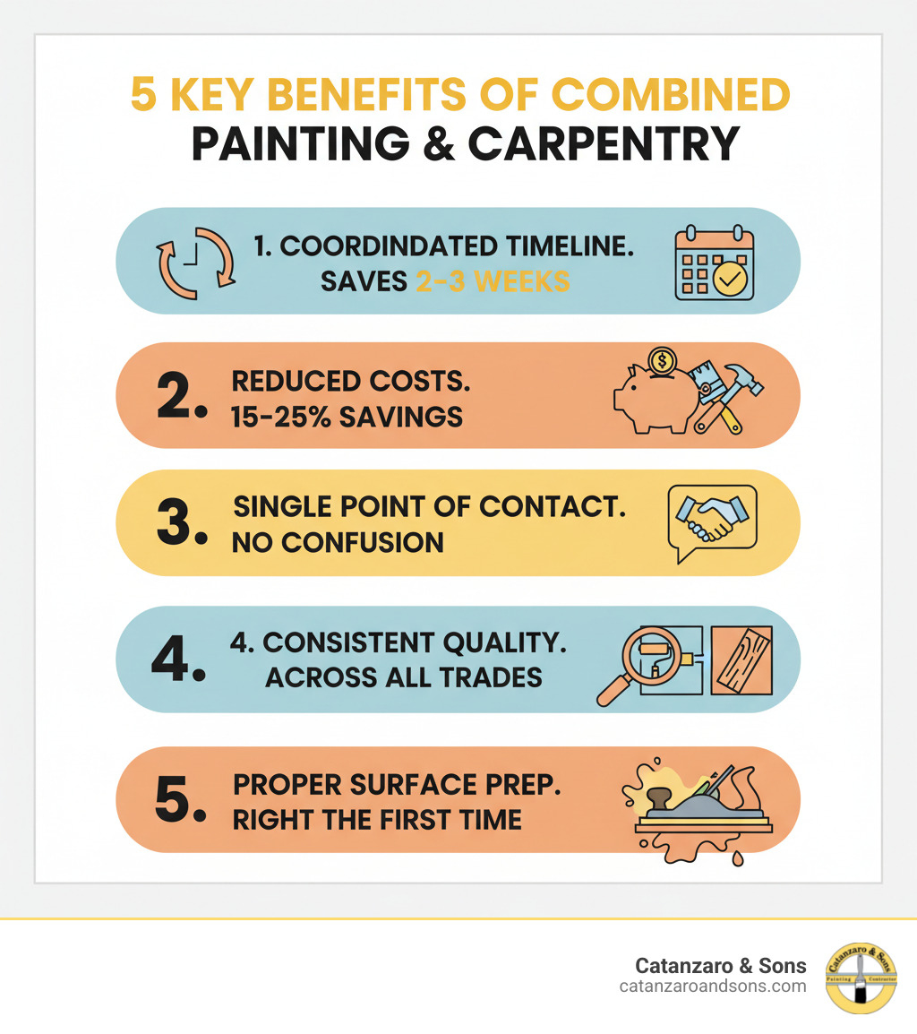 Infographic showing 5 key benefits of combined painting and carpentry services: 1) Coordinated timeline saves 2-3 weeks on average projects, 2) Shared equipment and prep reduces costs by 15-25%, 3) Single point of contact eliminates confusion, 4) Consistent quality standards across both trades, 5) Carpenters prep surfaces correctly for painting the first time - painting and carpentry near me infographic 