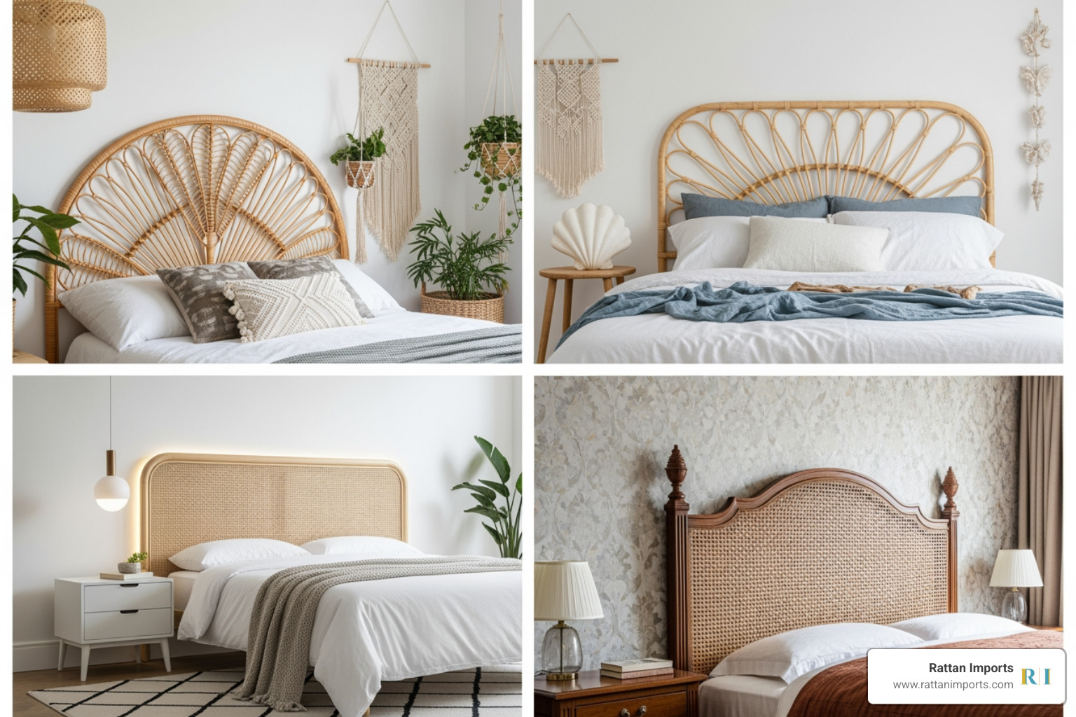 collage showcasing four different rattan headboard styles: bohemian, coastal, modern, and traditional - rattan headboard double
