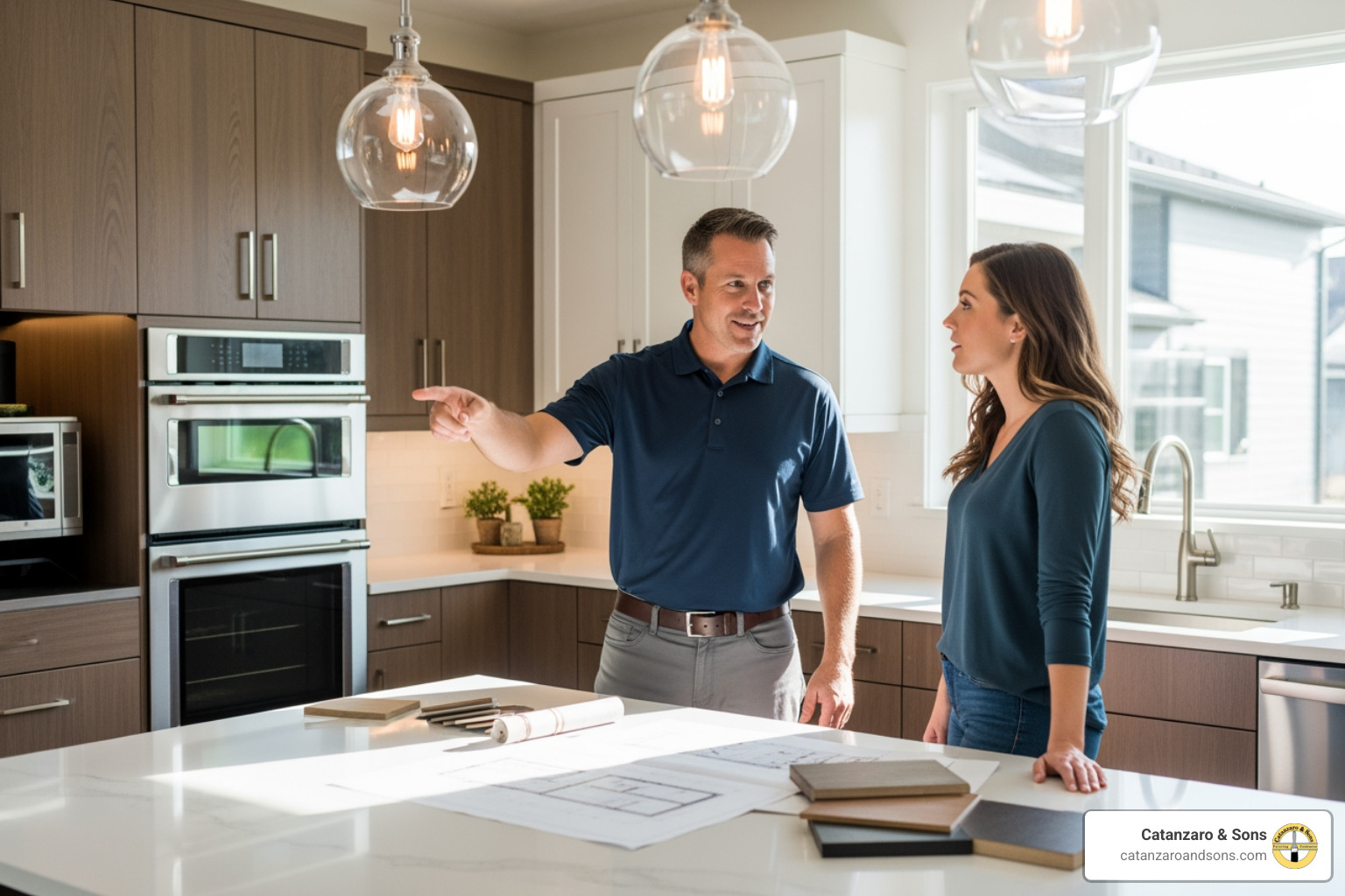 A friendly contractor discussing plans with a homeowner in a kitchen, pointing to areas needing work - painting and carpentry near me