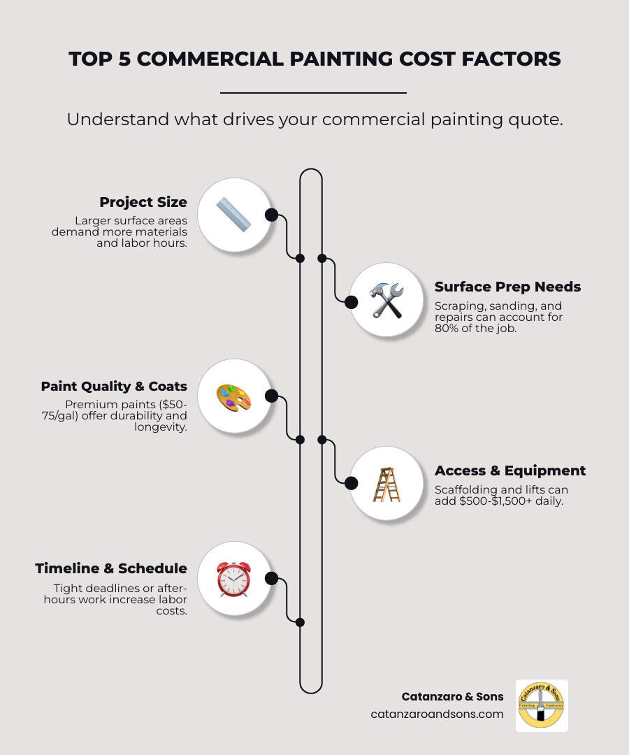 Infographic showing the top 5 factors that influence commercial painting costs: 1. Project Size and Surface Area - larger spaces require more materials and labor hours, 2. Surface Preparation Needs - scraping, sanding, repairs, and priming can account for 80% of the work, 3. Paint Quality and Number of Coats - premium paints cost $50-$75 per gallon and last longer, 4. Access and Equipment - scaffolding and lifts add $500-$1,500+ daily for hard-to-reach areas, 5. Timeline and Scheduling - after-hours work or tight deadlines increase labor costs - commercial painting quotes infographic infographic-line-5-steps-elegant_beige