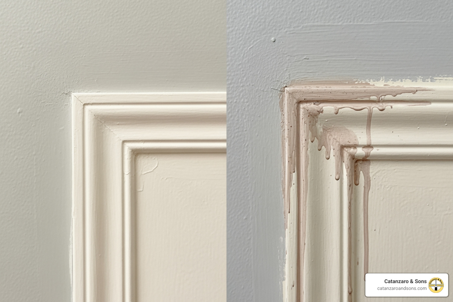 A comparison image showing a perfectly clean, professional paint cut-in line next to a messy, amateur one, highlighting the difference in skill - Cost to paint walls